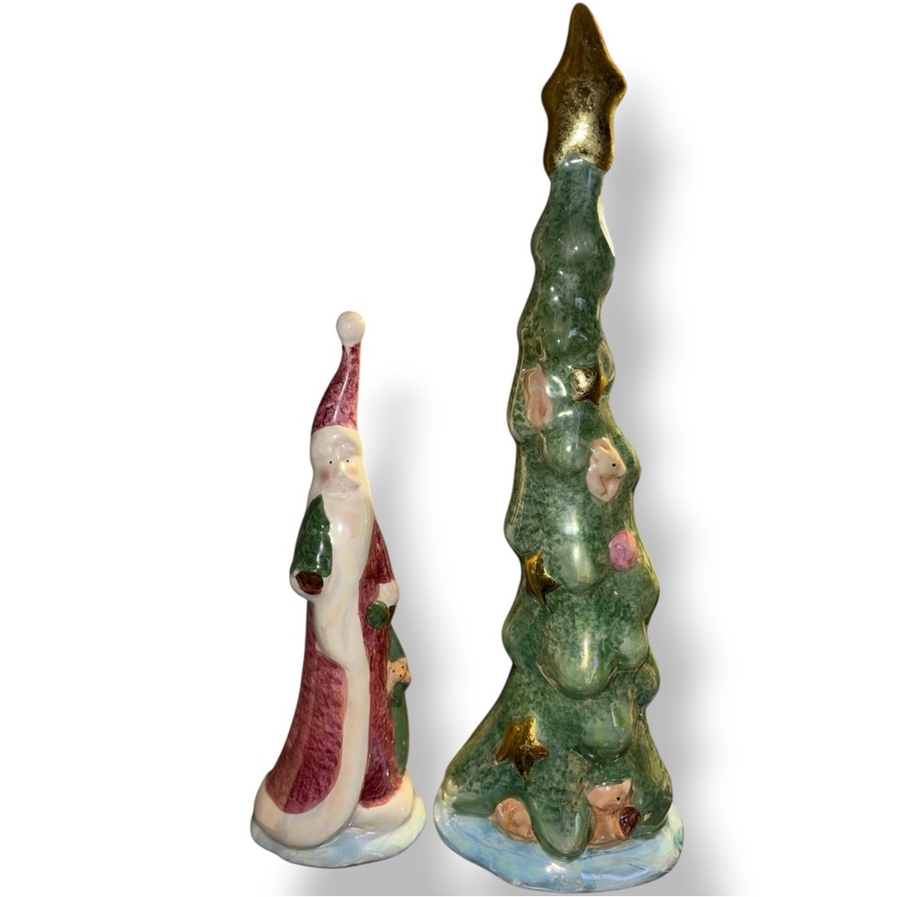 Vintage Ceramic Shiny Santa and Christmas Tree Figurines Whimsical Holiday Decor - Picture 1 of 8